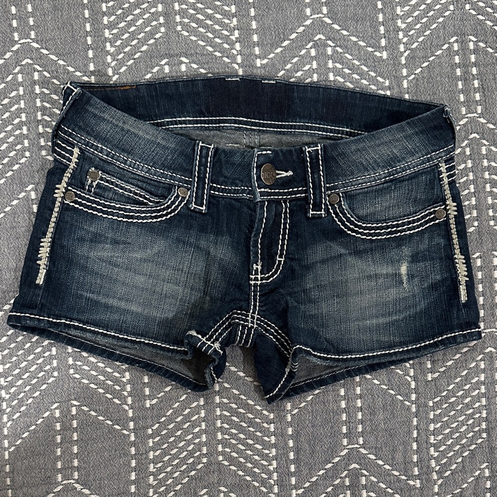 BKE Denim Dark Blue Wash Jean Shorts with White Stitching